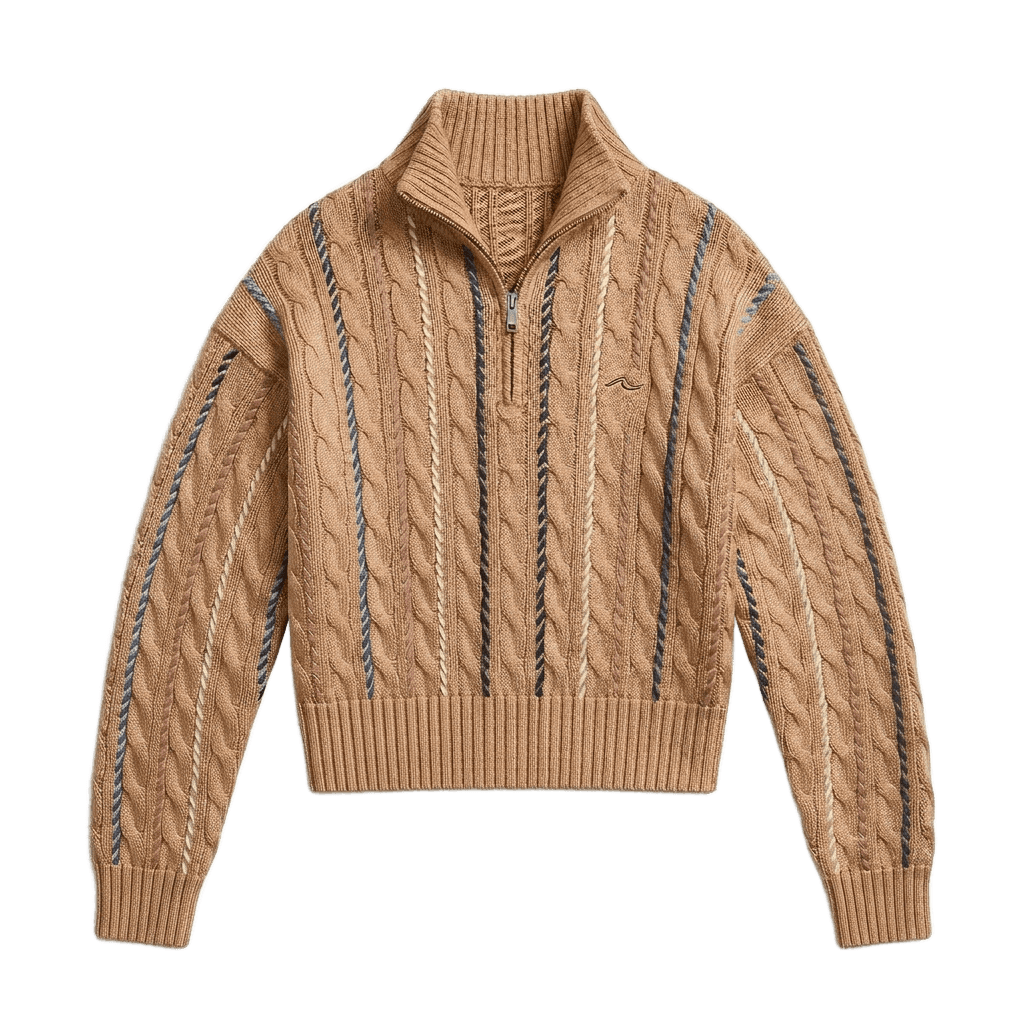 Camel Cable Knit Quarter-Zip Sweater with Contrast Stitching