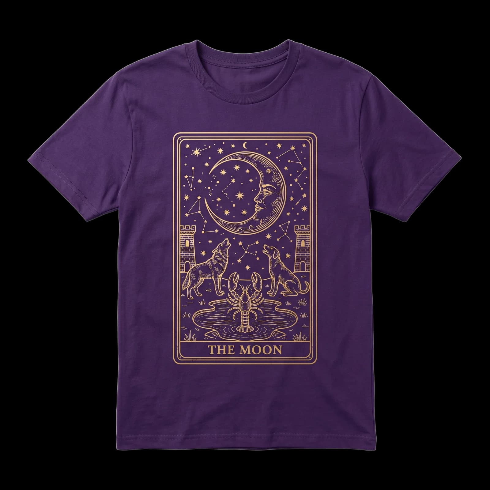 Purple t-shirt with a tarot card moon and stars print
