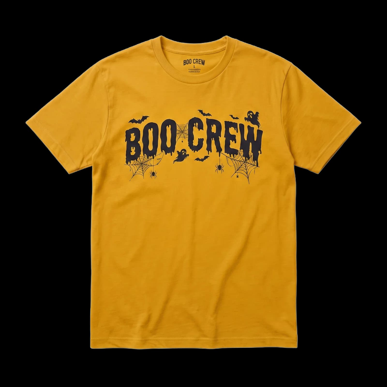 Yellow t-shirt with a spooky Boo Crew varsity print