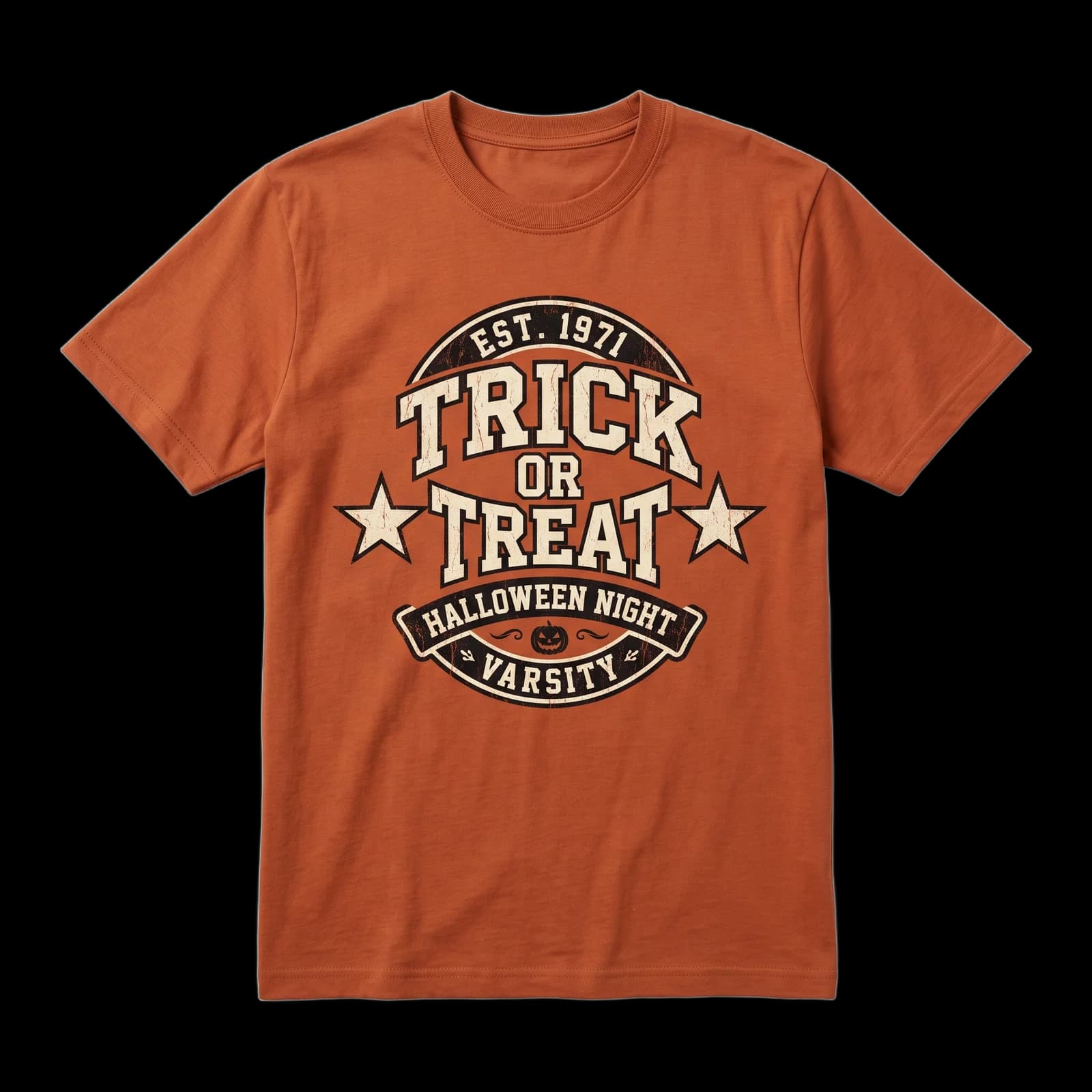 Burnt orange t-shirt with a Trick or Treat varsity badge print